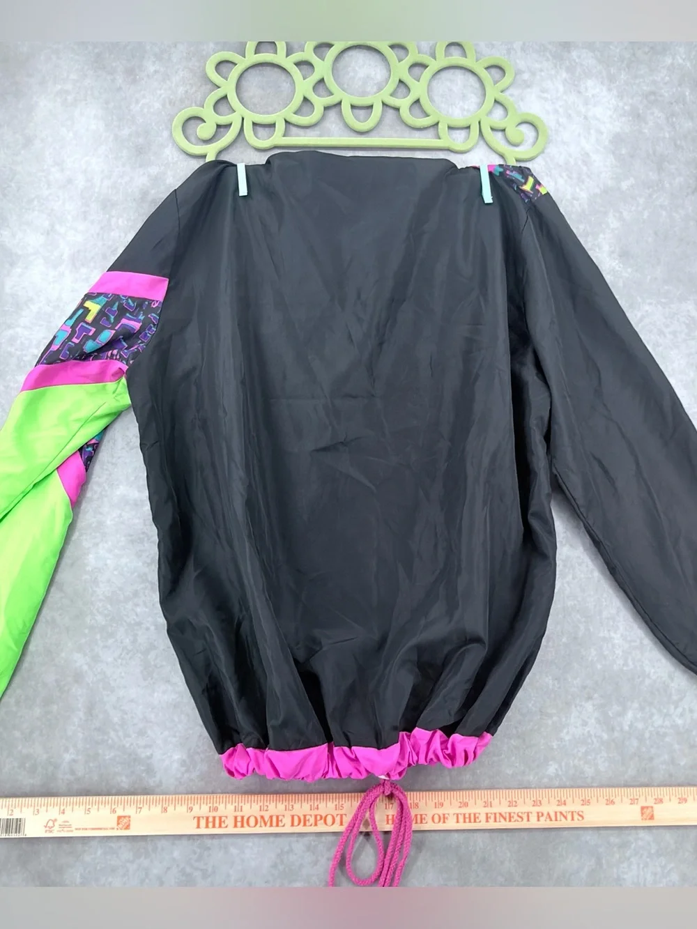 Vintage Black Windbreaker with Neon Pink & Lime Green Accents spirit Halloween - Picture 9 of 11